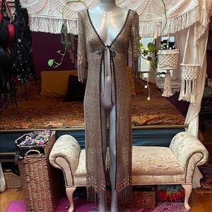 Vintage Whimsygoth metallic Gold crochet mesh tassel fringe duster robe